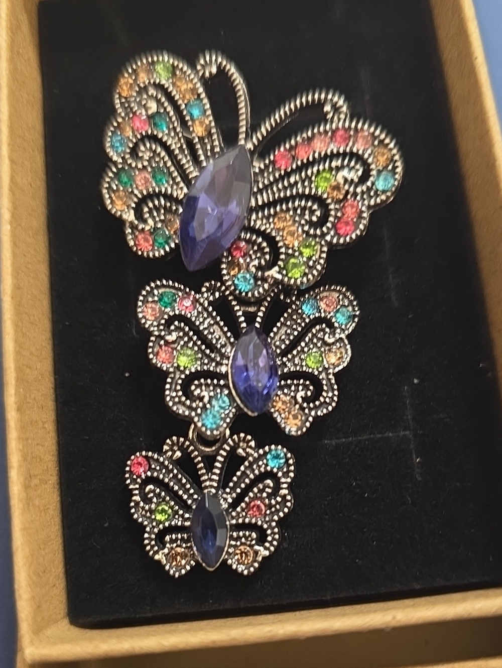 Multicolor Crystal Butterfly Brooch Set - Silver Tone
